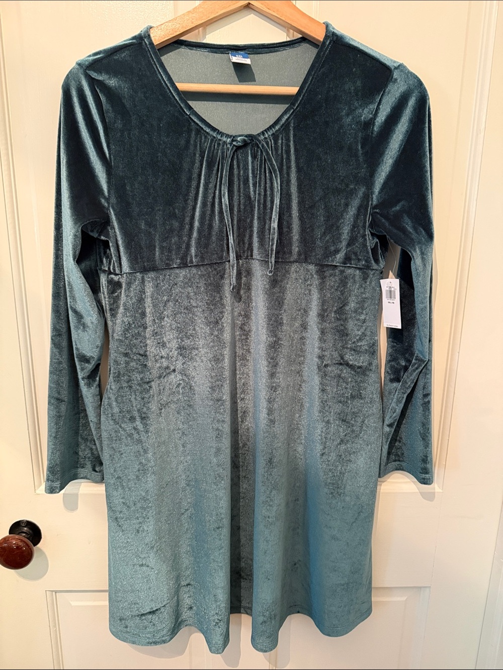 Old Navy Velvet Teal Long-Sleeve Tie-Front A-Line Dress